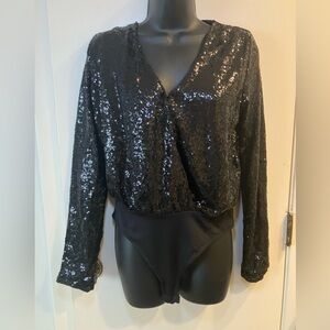 H&M Sequined Black Metallic Long Sleeve Bodysuit Size Small NWT